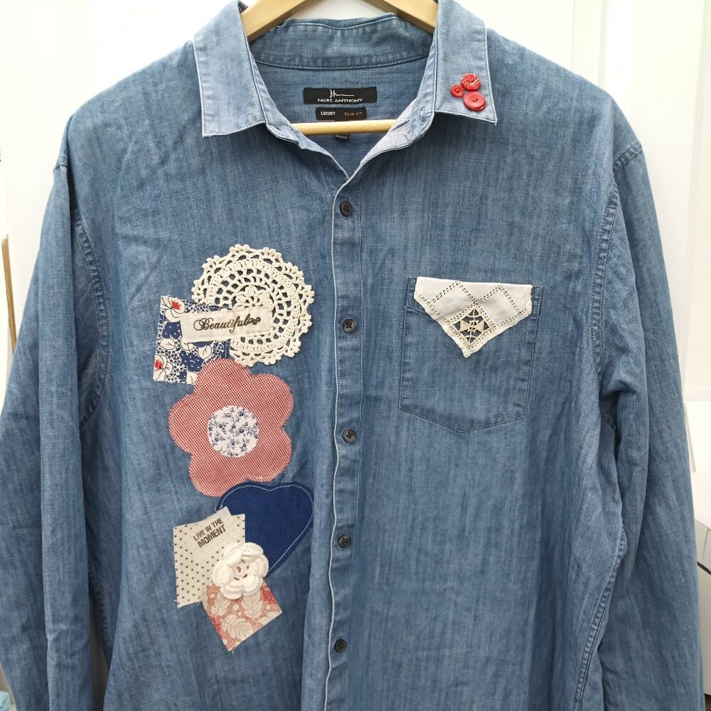 Upcycled Denim Shirt, Women's Denim Shirt, Boho Sustainable Clothing